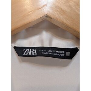 Zara Womens Satin Mini Shirt Dress Off White Ruffle Hem Long Sleeve Size Small